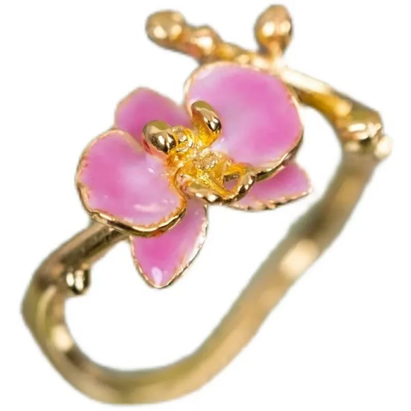 Elegant Gold Plated Pink Moth Orchid Opening Adjustable Ring for Women Enamel Flower Engagement Wedding Ring Fashion Jewelry