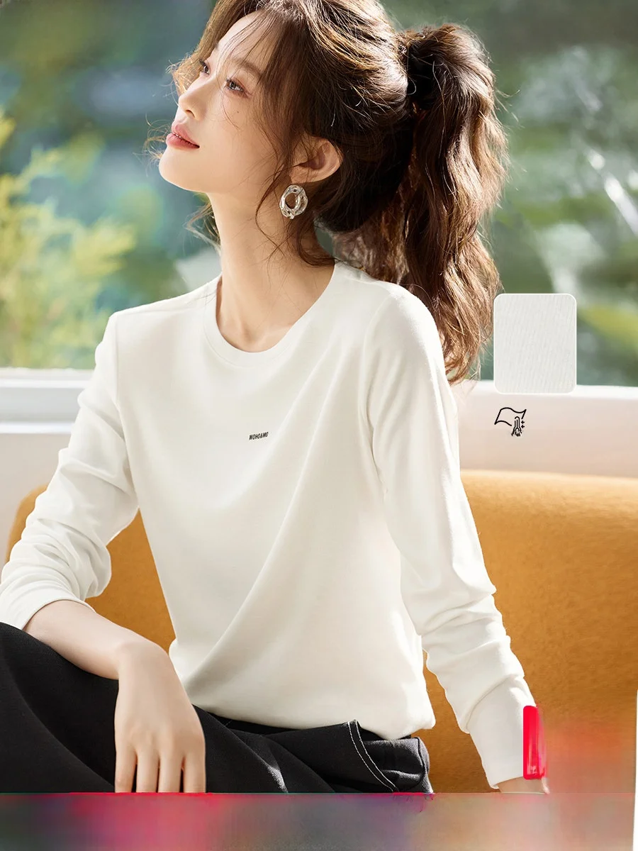 

Versatile Comfortable Letter Pr Printed Fce Feel T-irt Women's Elastic Autumn New Sle Long Sve round Ne Top