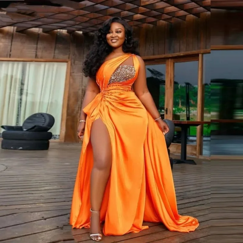 

Sexy One Shoulder Sequins Beaded Ruffles Evening Gowns High Split Formal Party Dress African Orange Prom Dresses