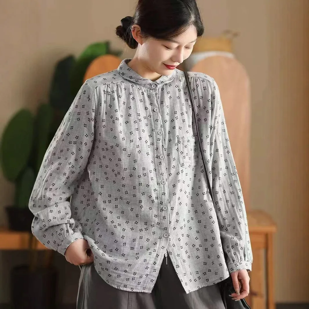Dual Layer Cotton Yarn Retro Flower Printing Shirt Women Spring Fashion Good Quality Soft Comfortable Long Sleeve Casual Blouses