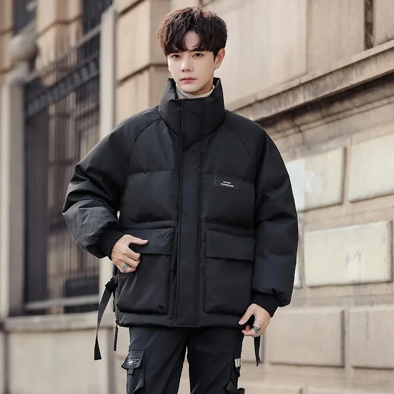 Winter 2024 White Duck Down Stand Collar Youth New Thickened Leisure Coat Loose Fashion Brand Student Puffer Jacket Men