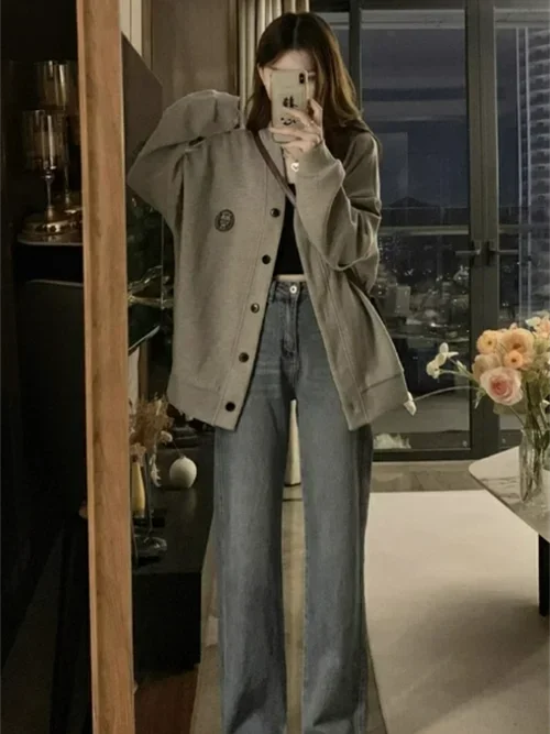 

New Loose and Lazy Style Casual Cardigan Sweatshirt Maillard Retro Gray V-neck Jacket Women's