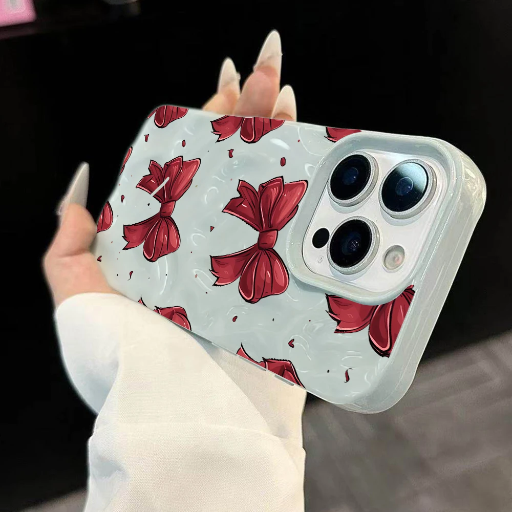 Koreanischer Stil Niedliche Schleifendruck-Handyhülle für iPhone 17 16 15 14 13 12 11 Pro Max 14 Plus 17Air Falten-Wellen-Soft-Silikonhülle – Detail 1