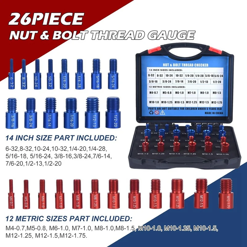 Nut And Bolt Thread Checker - 26PCS(14 Inch & 12 Metric) Identifier Gauge Set Bolt Sizing Gauges