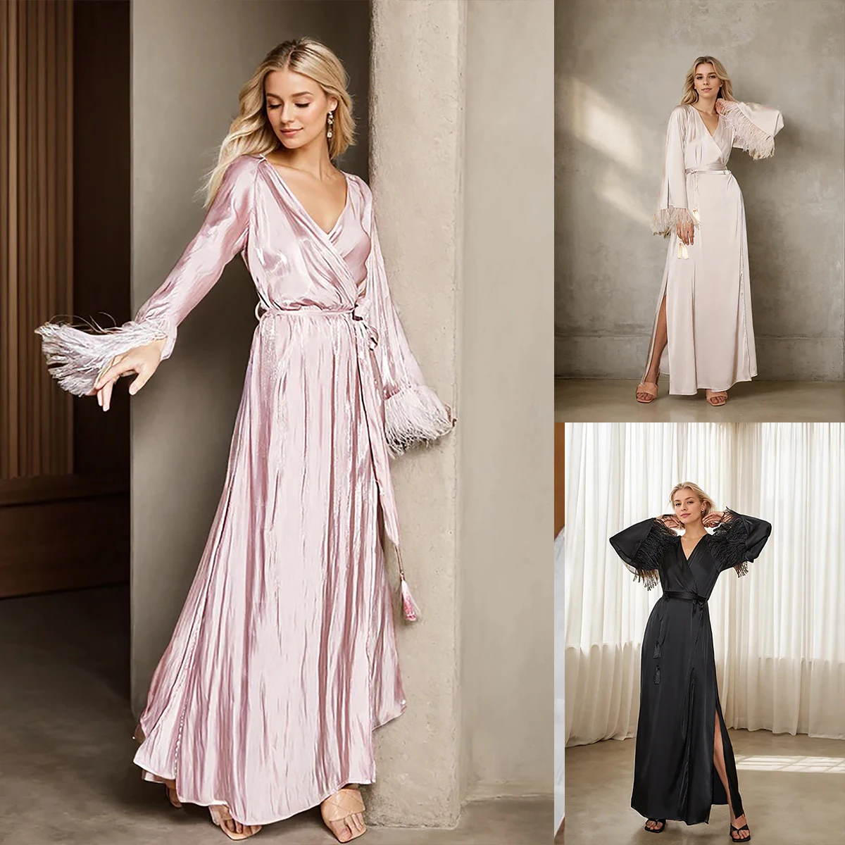 Leisure Sheer Lace Women's Robe V-Neck Stain Belt Side Split Plush Lock Nightgown Lady Party Sleepwear Evening Dress Customized