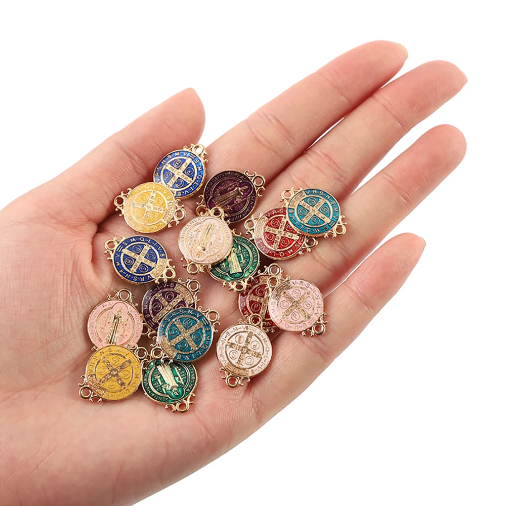 30Pcs  Fancy Mini Saint Benedict Double Sided  Pendants With 2 Vertical Holes Medalla San Benito