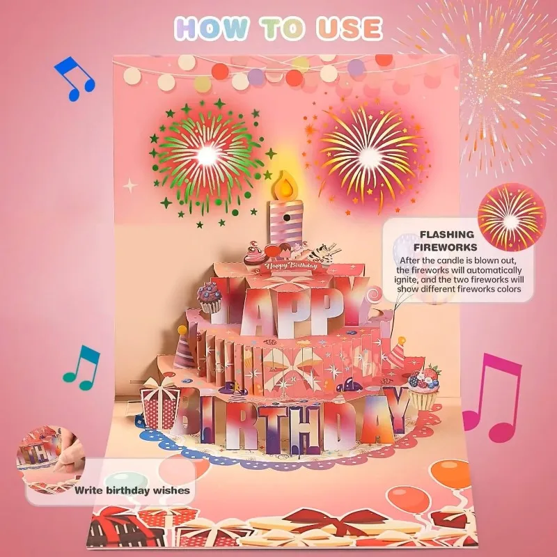 3D Pop Up Music Happy Birthday Greeting Card Creative Fireworks Light Birthday Cards Surprise Gift