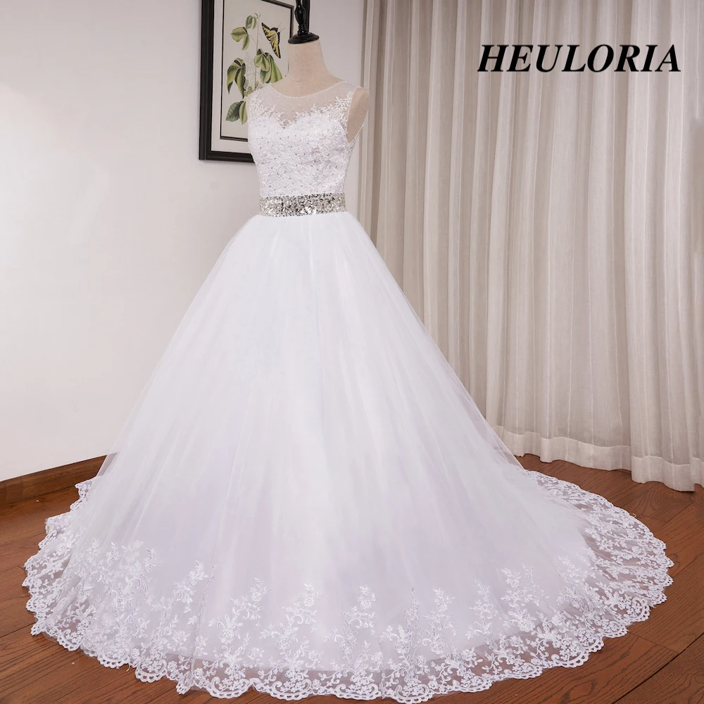 Heiloria vestido de baile de princesa, vestido de novia, cuello redondo, apliques de encaje, cinturón de lentejuelas, cuentas, tren de corte