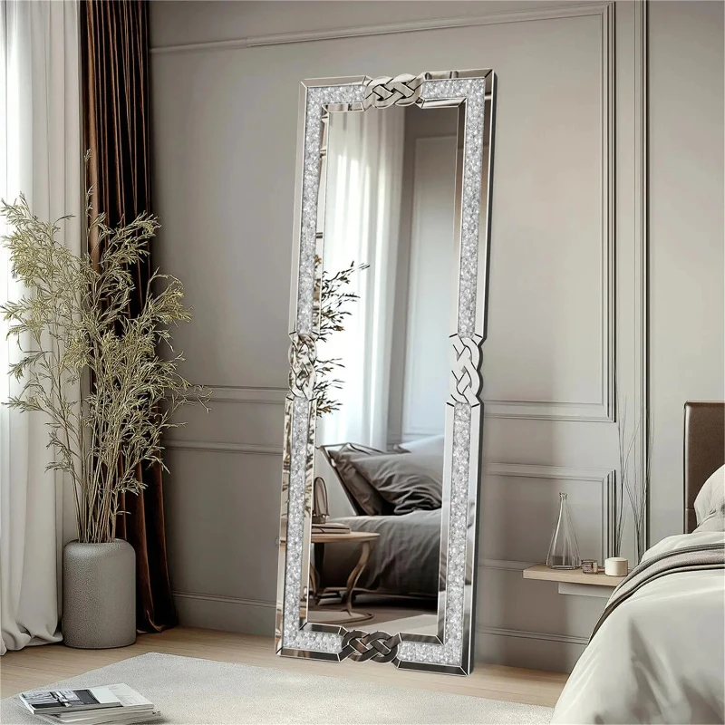 Wall Mirror Full Length Floor Mirror Dressing Mirror with Silver Crushed Diamond Decor Standing/Wall Hanging 160x55CM