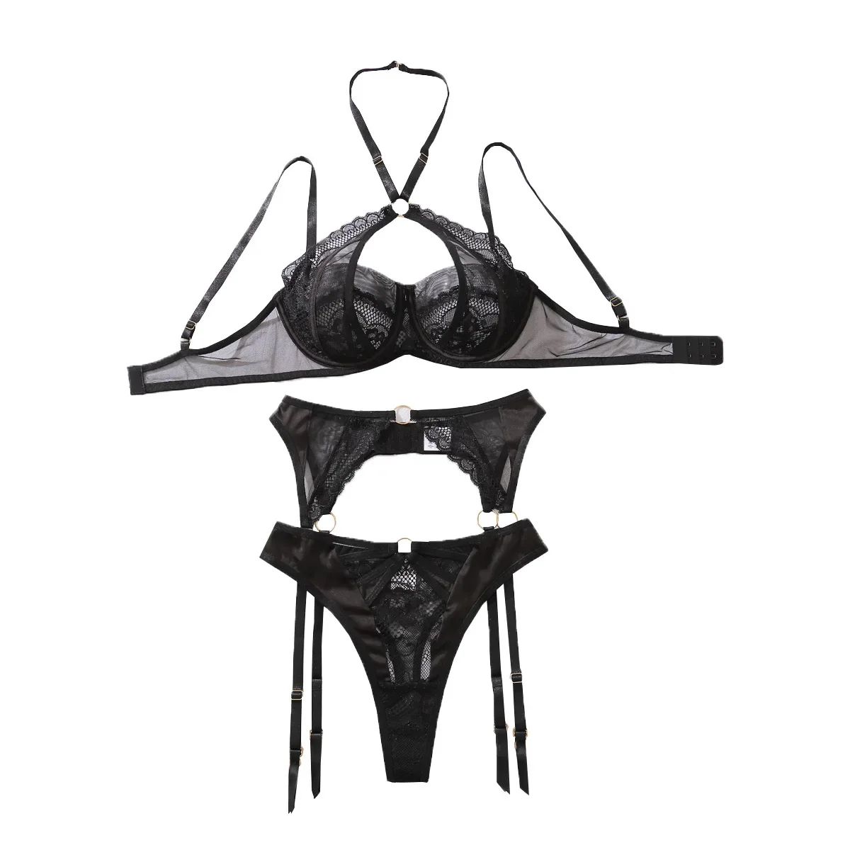 New black lace gathering bra set mesh perspective sexy underwear three-piece underwear set porno costume sexy women lingerie set