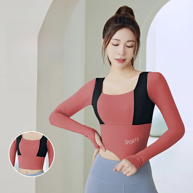

Juyitang высокоэластичный топ для йоги с длинными рукавами, женская спортивная одежда для фитнеса с вышивкой для обнаженной йоги