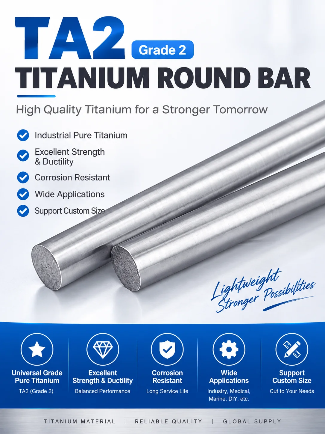 High Purity TA2 Grade 2 Pure Titanium Solid Round Bar Rod 250 mm Length for Machining Experiment & Handcraft Projects