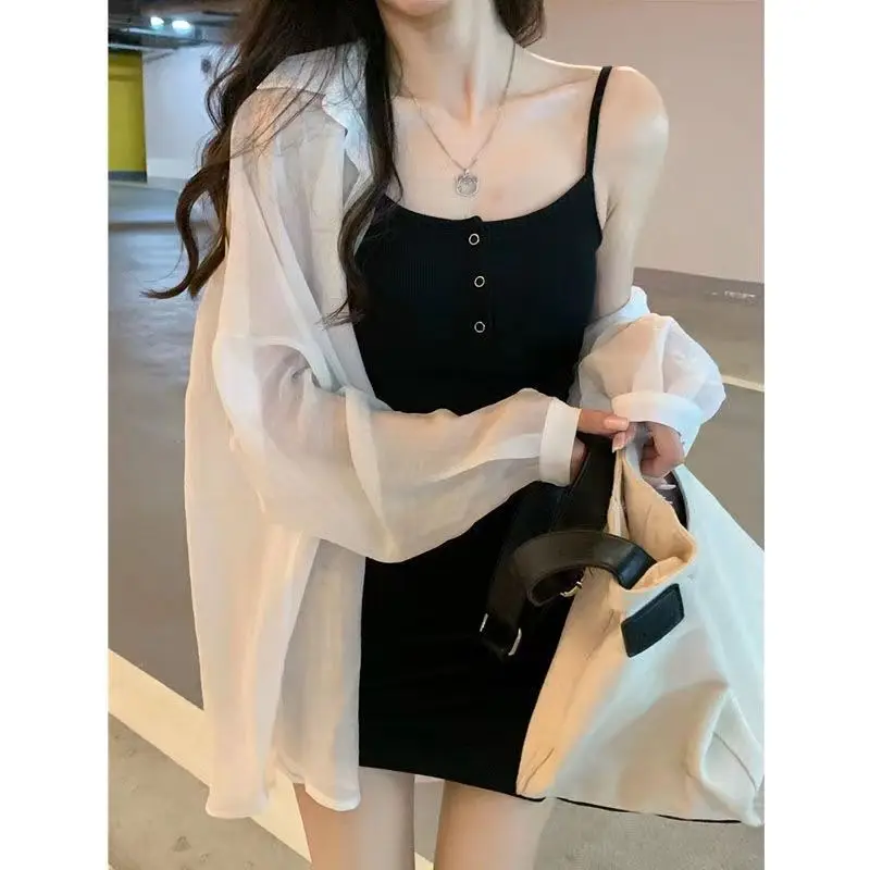 Spring and Autumn Models Loose Thin Section Long Sleeved White Clothes Female Thin Outwear Halter Dress Sub Two Piece Female