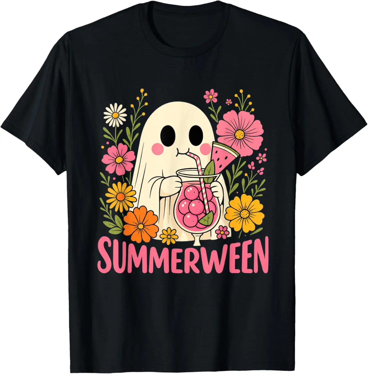 Summerween Funny Ghost Halloween Summer Floral T-Shirt 100% Cotton Trendy Y2K Short-Sleeve Tee-Soft, Quick-Drying,