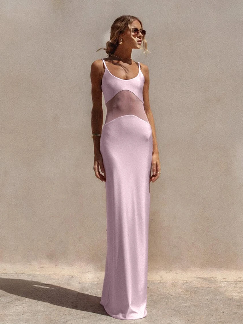 Marthaqiqi Pakaian Tidur Wanita Kasual Seksi Tali Spaghetti Piyama Tanpa Punggung Gaun Tidur Tanpa Lengan Gaun Panjang Selutut Baju Tidur