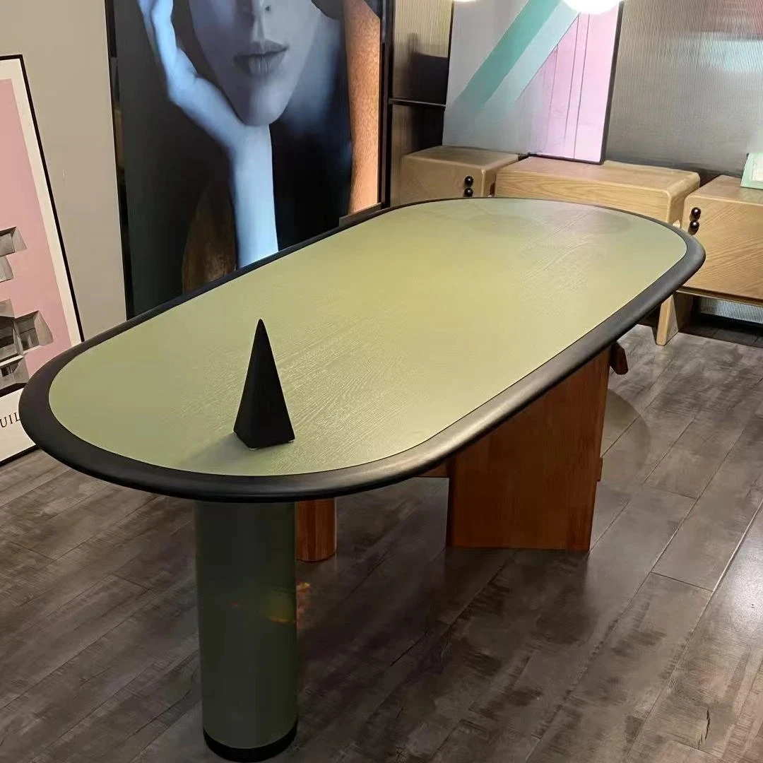 A Contrasting Color Dining Table Middle Ancient Wabi Wind Special-shaped Oval Solid Wood Green Ash Wood Household Dining Table