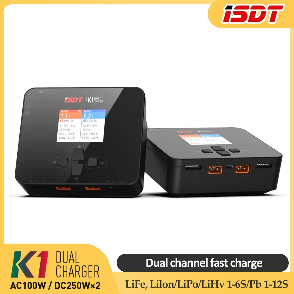 ISDT K1 Dual Channel Balance Lipo Charger AC 100W DC 2X250W 10A 2.4″ IPS LCD Display Multilingual for Lipo NiMh Pb Battery