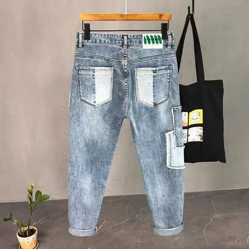 Jeans for Men Spliced Male Cowboy Pants Tapered Tight Pipe Trousers Skinny Slim Fit Y 2k Vintage New in Y2k Stylish Soft Luxury