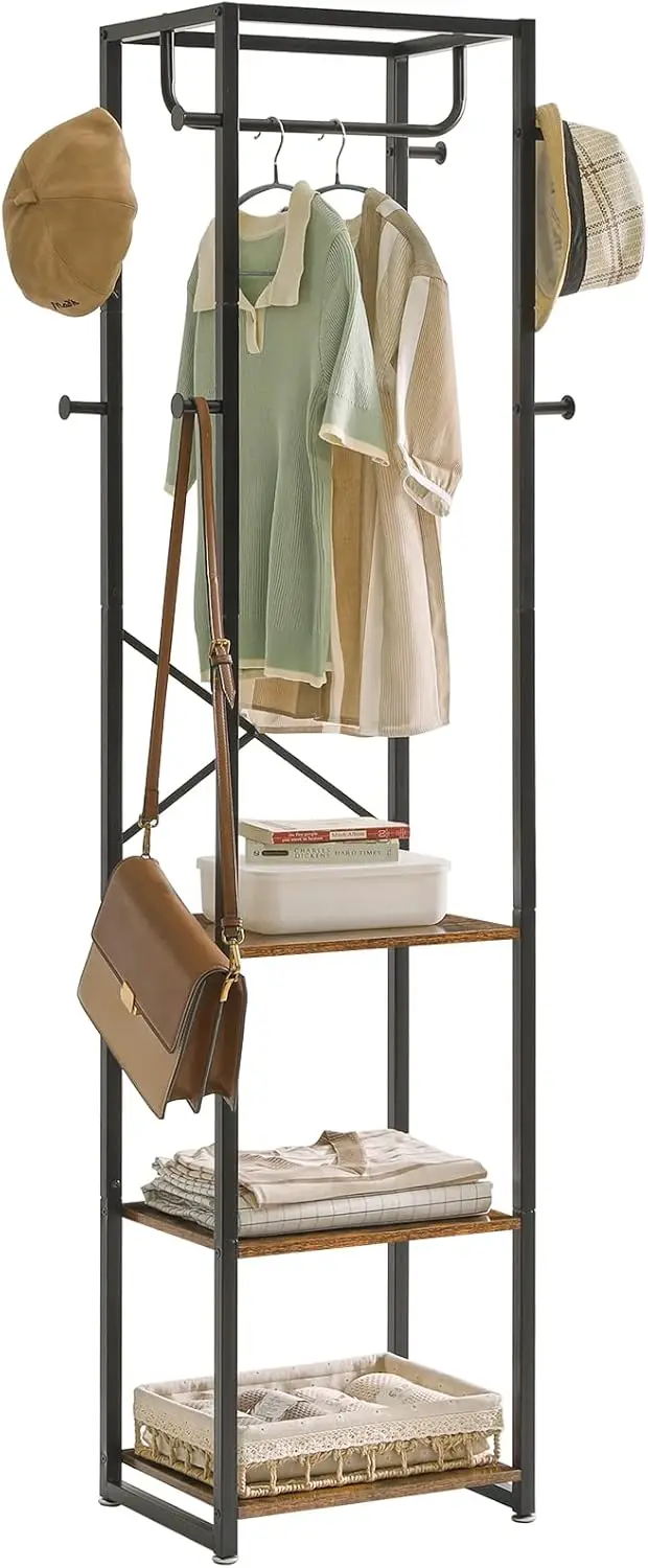 Coat Rack with Shelves, Freestanding Hall Tree with 3 Shelves and 8 Hooks, Industrial Clothes Stand