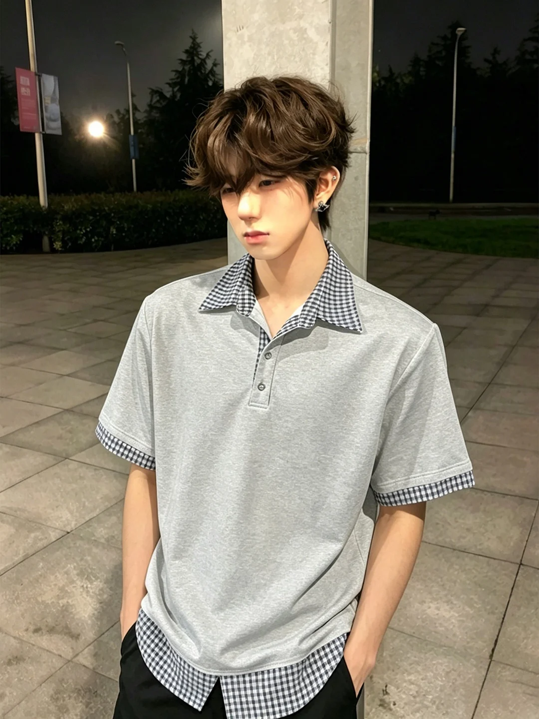 Black Plaid Splice Fake Two-Piece  Shirt Short Sleeve Men's Summer Design American College Style T-Shirt Casual Loose Fit