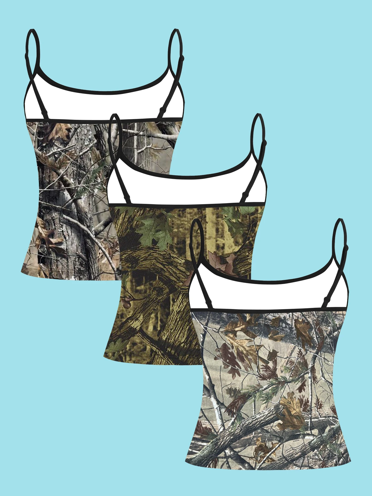 3-Pack Forest Camouflage Spaghetti Strap Tank Tops Realtree Tree Trunk and Leaf Print Slim Fit Sleeveless Tops Outdoor Hunting Style Y2K Versatile Base Layer