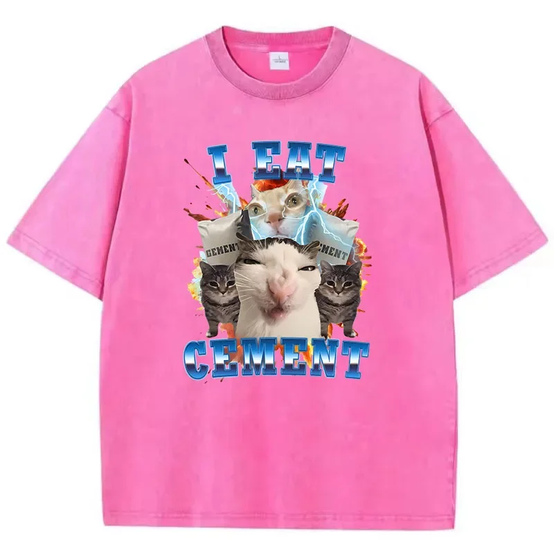 T Shirt Vintage Washed 100% Cotton T-Shirt I Eat Cement Milk Cat Animal Graphic Tee Casual Streetwear Spring Summer