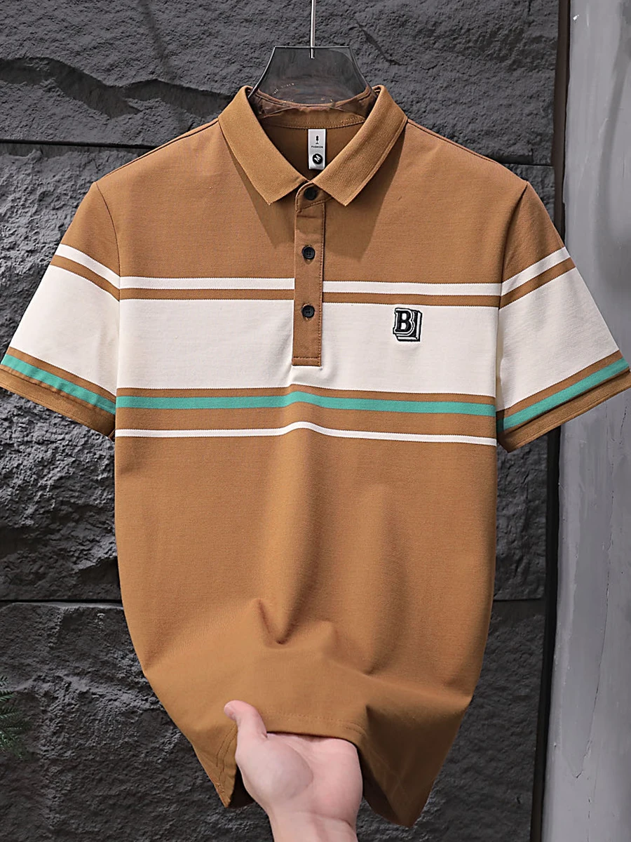 

Новая мужская модная футболка-поло 2025 года с цветными блоками, буквенным принтом и маленьким логотипом, с отложным воротником, модель M