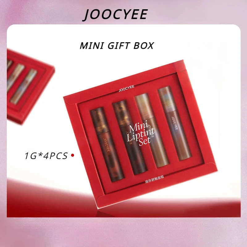 Joocyee 4Pcs/Kit MINI Amber Shell Lip Glaze Gift Box Retro Lipstick ink Mud Mirror Water Gloss Matte Lip Makeup