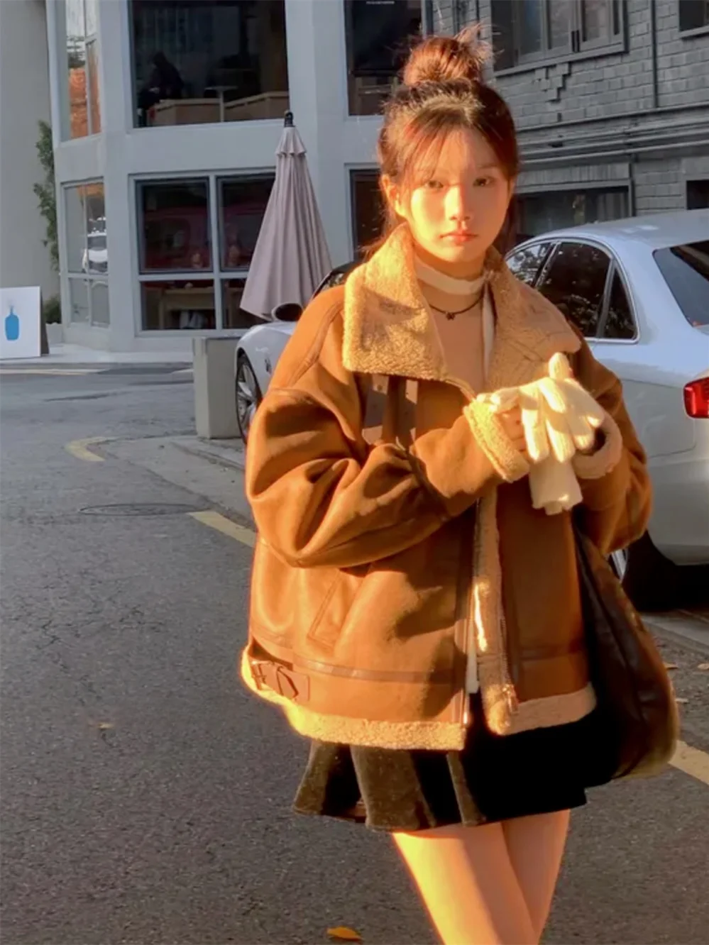 Korean Sle Warm Retro Biker Sle Fur Leather Jaet Stand Collar All-Match ort Coat for Women Winter Season Zipper Closure