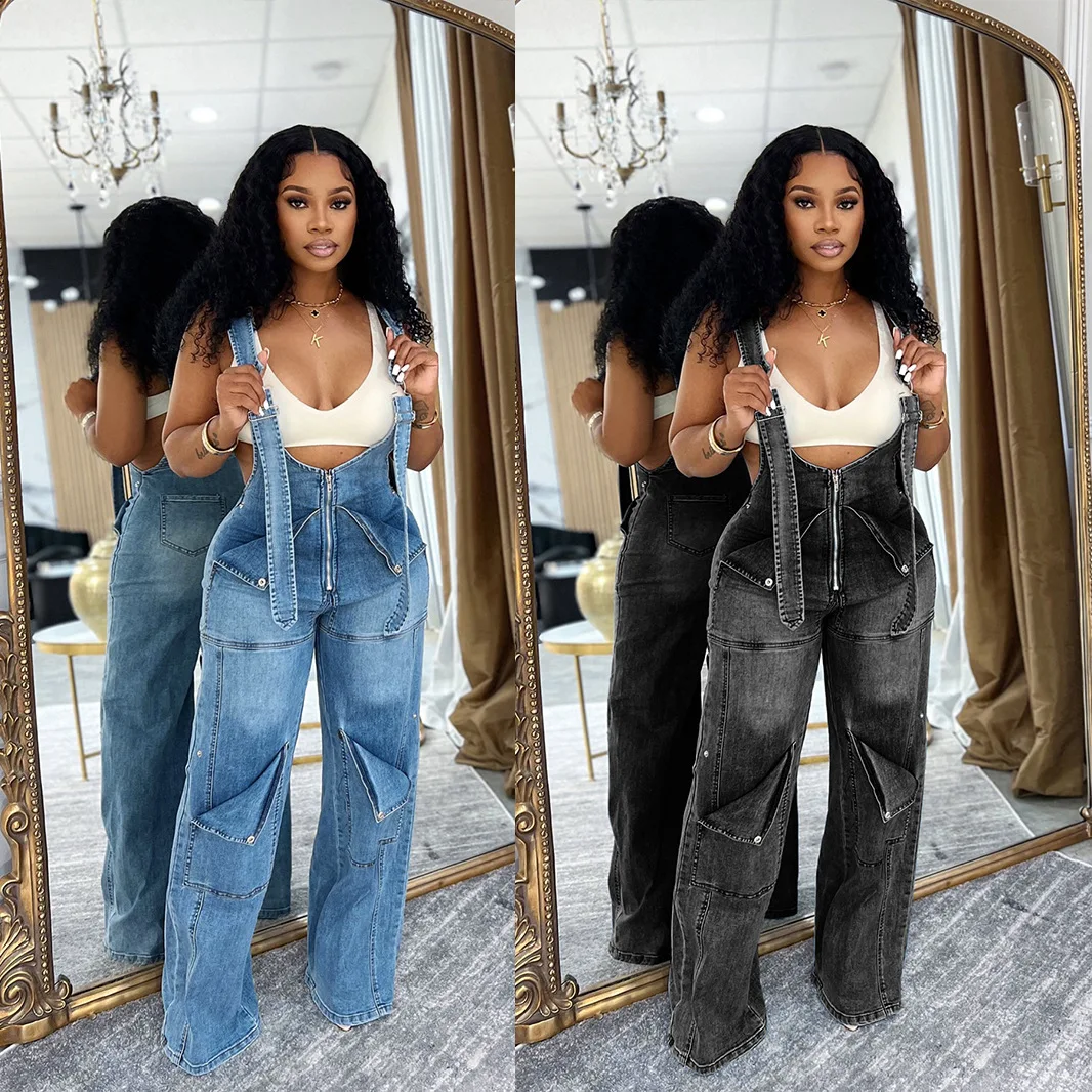 

Denim Cargo Wide Leg Pants Overalls Jeans High Waist 2025 Summer Y2K Streetwear Clothes Long Trousers Sexy Denim Pants