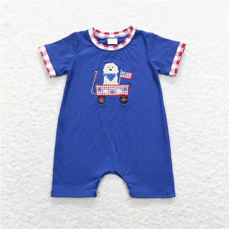 Wholesale kids newborn toddler clothes Embroidery Stars and Flags Puppy Stroller Red and White Plaid Lace Blue Vest Jumpsuit