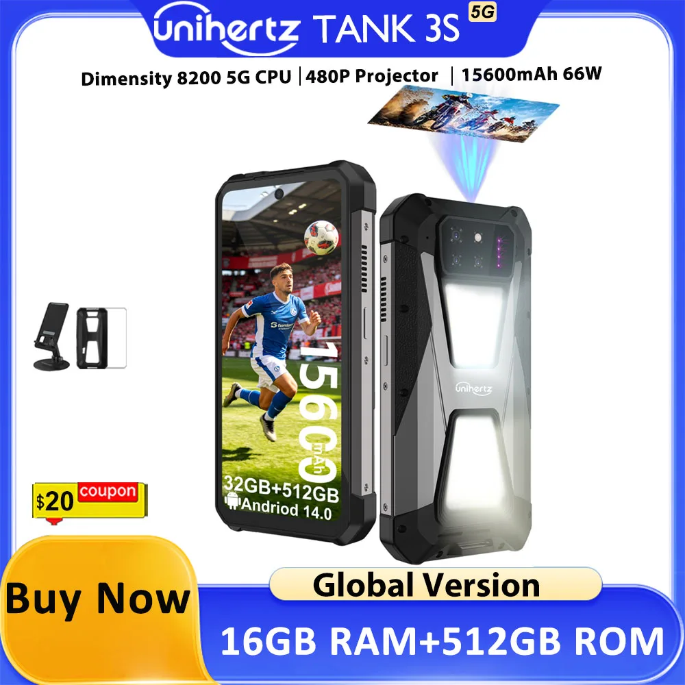 Unihertz Tank 3S 8849 Rugged Smartphone with Projector 24/32Gb 256/512Gb Dimensity 8200 Cellphone 15600Mah 66W Phone