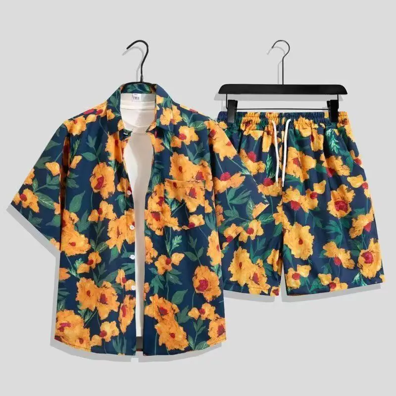 Men's Sets Hawaiian Beach Loose Single Breasted Short Sleeve Shirt and Shorts Casual Summer Vacation Couple Two Piece Sets Men