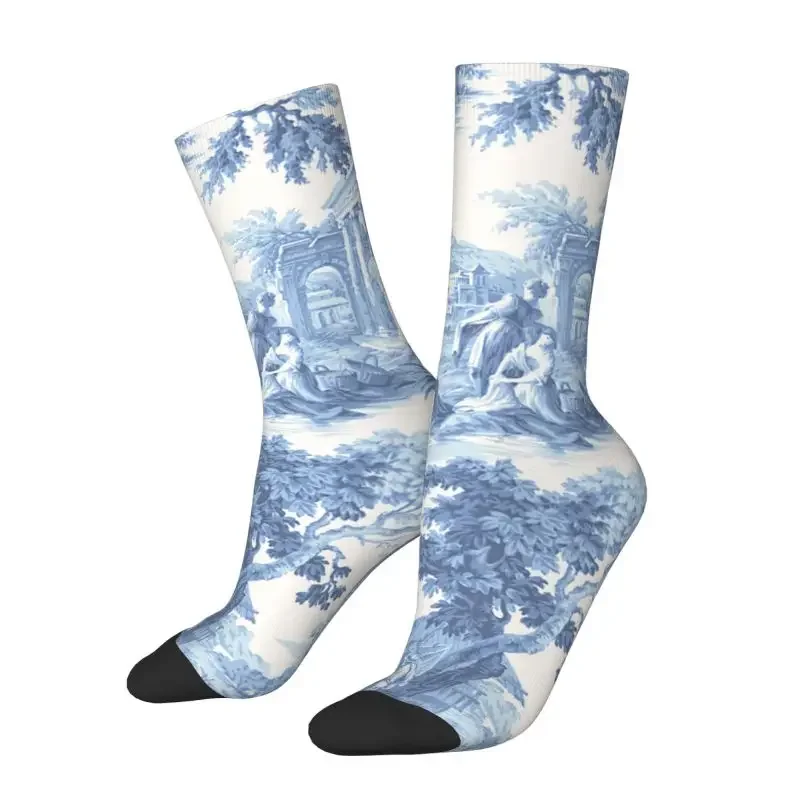 Funny French Navy Blue Toile De Jouy Motif Socks Women Men Breathable 3D Print Football Sports Socks