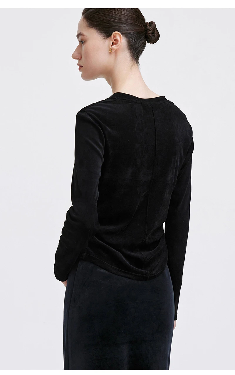 Fengbaoyu Natural Silk Velvet Women's T-shirt Simple and Elegant Long-Sleeved Round Collar Hooded Top Comfortable Soft Sweat