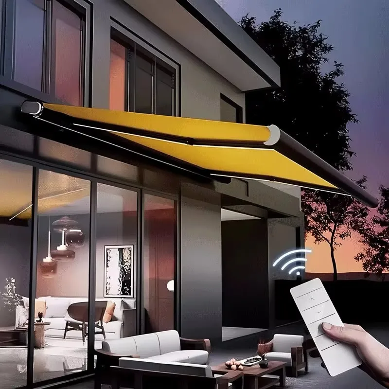 Customized Waterproof Rectangle Store Sunshade Electric Remote Control Folding Retractable Woven Canopy Awning LED Lamp