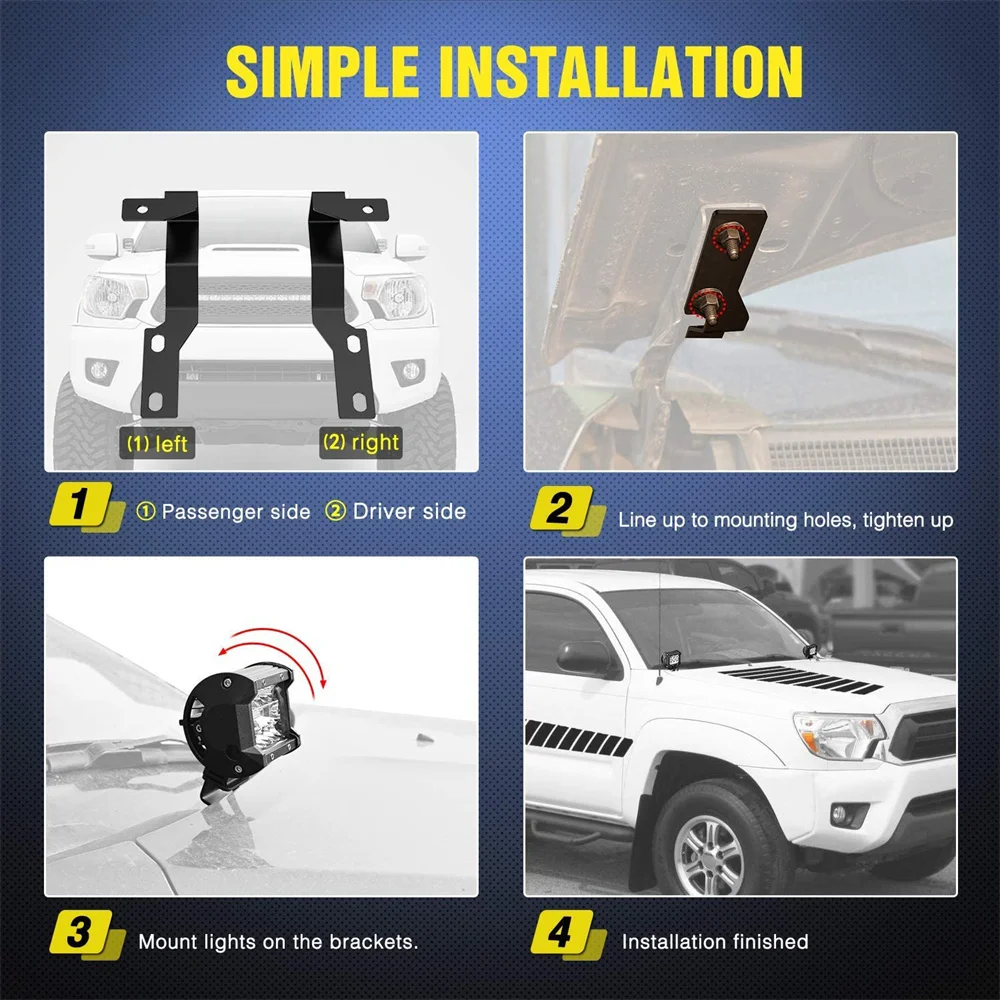 2PCS LED Work Light + Hood Mounting Work Light Bracket for Toyota Tacoma 2005-2015 Ditch Light Brackets Engine Hood