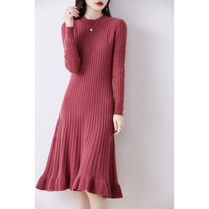 Women's Merino Wool Long Sweater Dress, Knee-Length, Round Neck, Pleated, Monochromatic, Commuting, Autumn, New, 100%