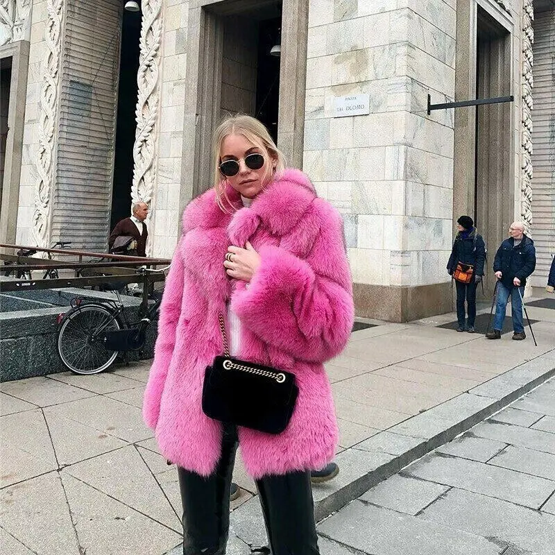 Autumn Winter Women Nature Real Fox Fur Coat Long Sleeve Loose Casual Fashion Pink Fur Warm Thick Outerwear