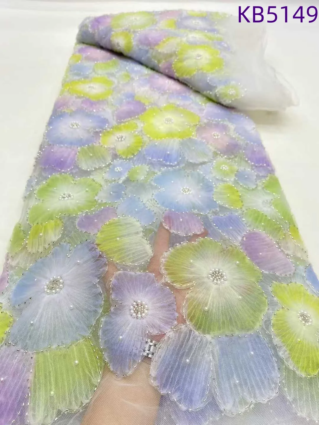 3D Flora Pearls Beaded French Mesh Lace Fabrics Nigerian Lace Fabrics 2025 Green Sequence Tulle Lace Fabrics For Sewing KB5149