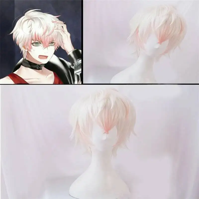 Pelucas Cosplay Mystic Saeran Messenger Ray peluca corta mezcla blanca rosa resistente al calor peluca de pelo sintético Cosplay + gorro de peluca