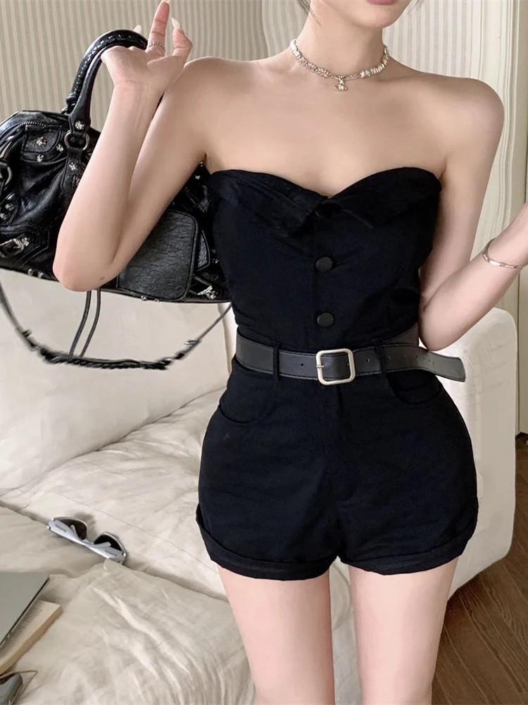 Black One Shoulder Strapless Jumpsuit Women Summer New Hottie Temperament Casual Tube Top High Waist Slim Wide Leg Shorts