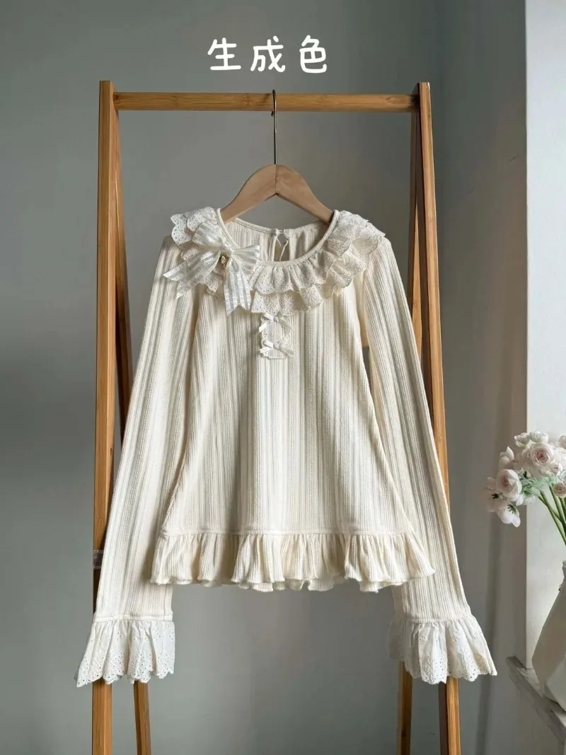 لطيف لوليتا الكشكشة كم طويل محبوك القمم الخريف الشتاء الدانتيل المرقعة س الرقبة قاعدة البلوز الرجعية الحلو Y2k سترة