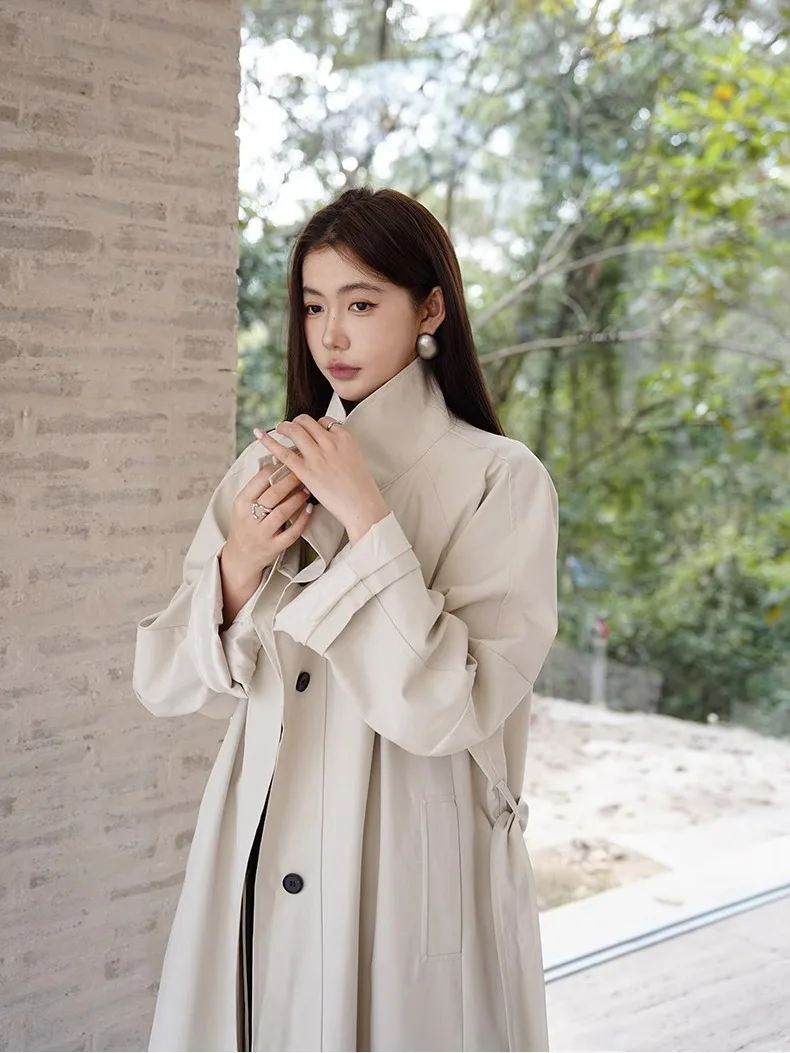 Brązowy trencz damski modny płaszcz przeciwdeszczowy wakacyjny osobowość kobieta dekolt w serek otwarte szwy szarfy paski stójka abrigos streetwear