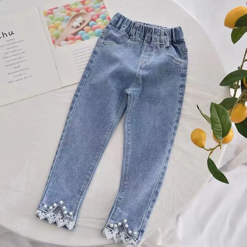 Bambini ragazze primavera e autunno Jeans di perle 2023 nuovi pantaloni per bambini ashionable Middle School pantaloni elastici per bambini 2-8Y