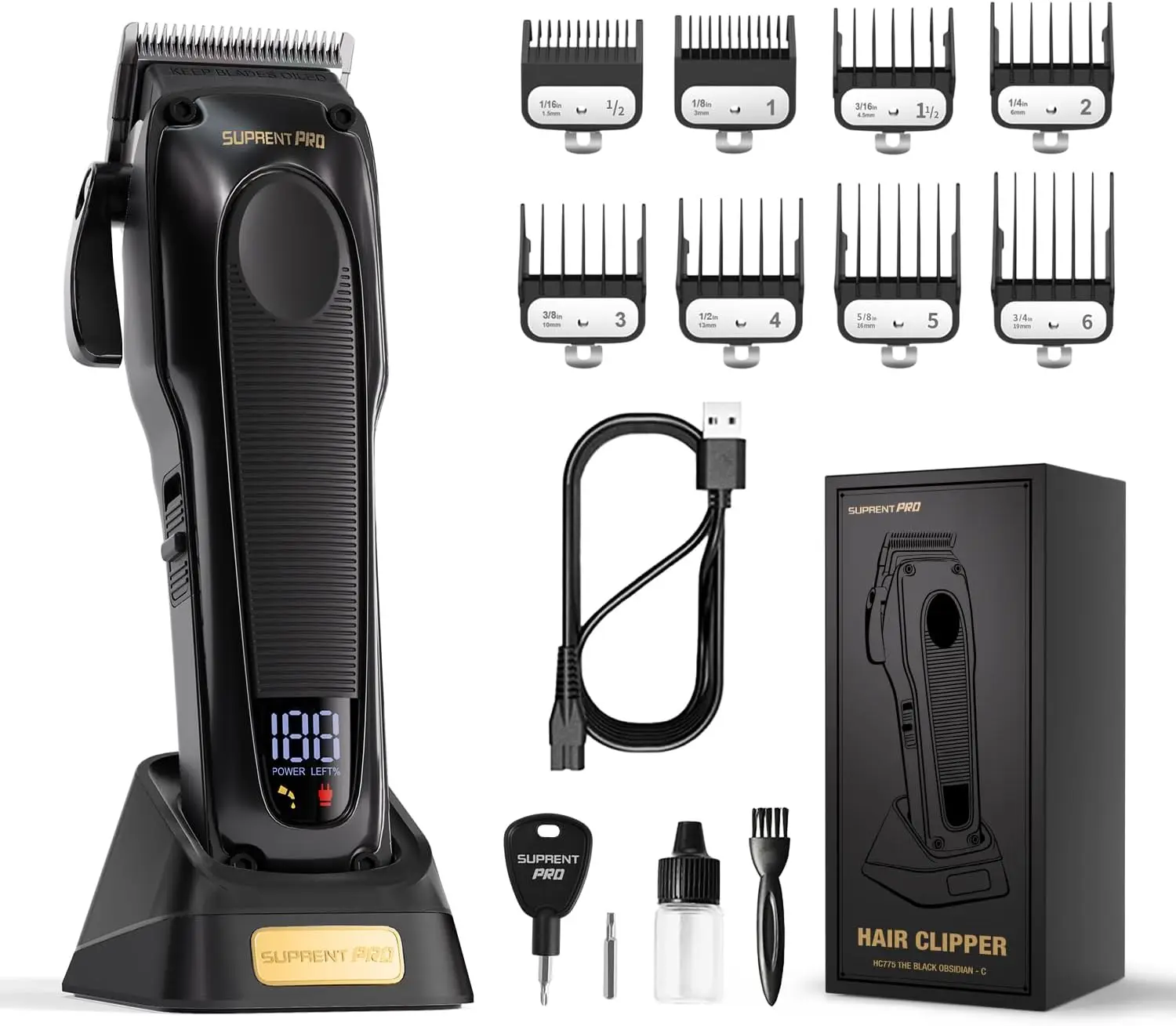 

Профессиональные беспроводные машинки для стрижки волос для мужчин с мощным мотором и съемными лезвиями - парикмахерский набор с зарядной базой, черный цвет