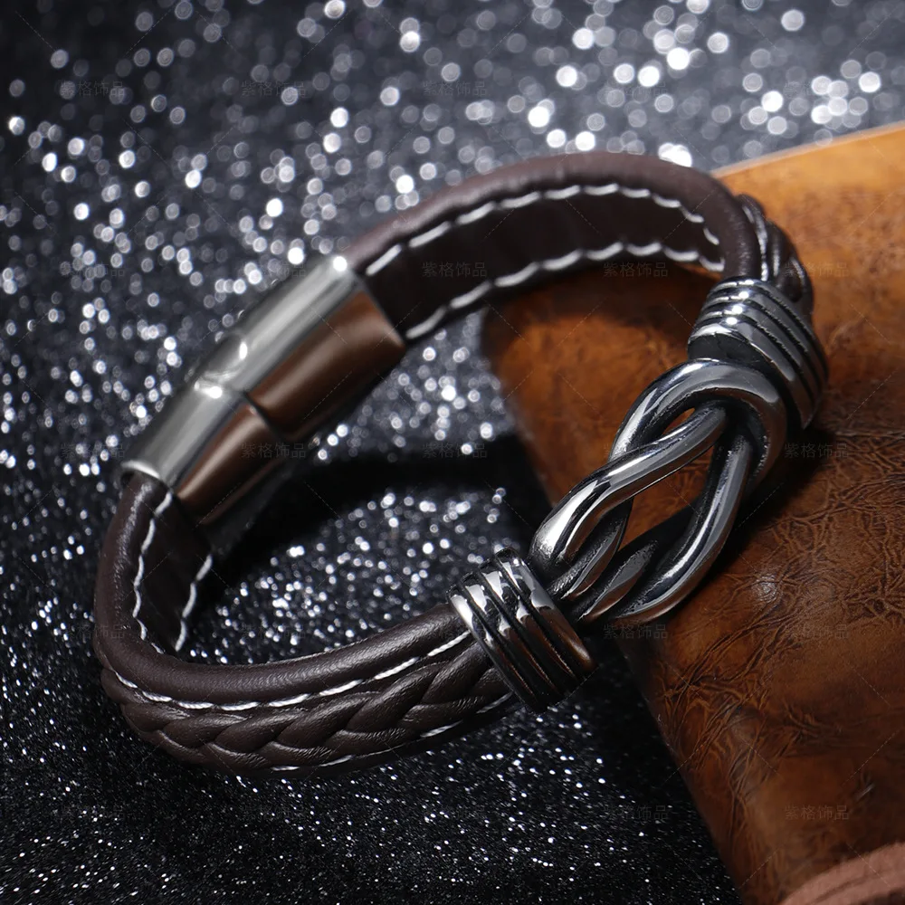 ZG Men's Bracelet New Export Ethnic Style Jewelry Stainless Steel Handwoven Leather Titanium Steel Bangle Male Jewelry