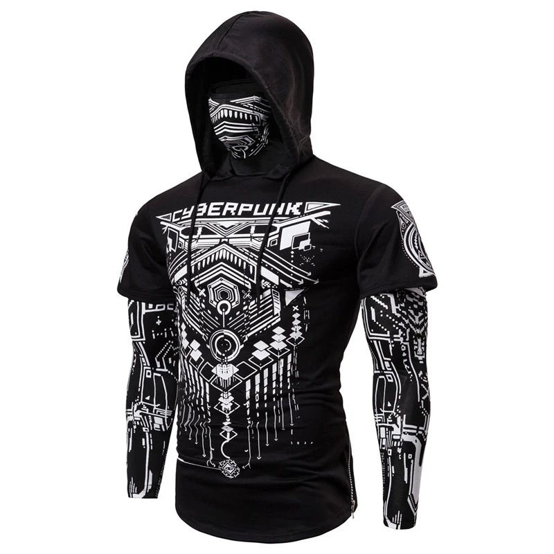 Mens Skull Mask Hoodies Sweatshirt Fake Two Pieces Men Punk Jogging Homme Pullover Elastic Sweatshirts For Men Japan Ninja Ninja