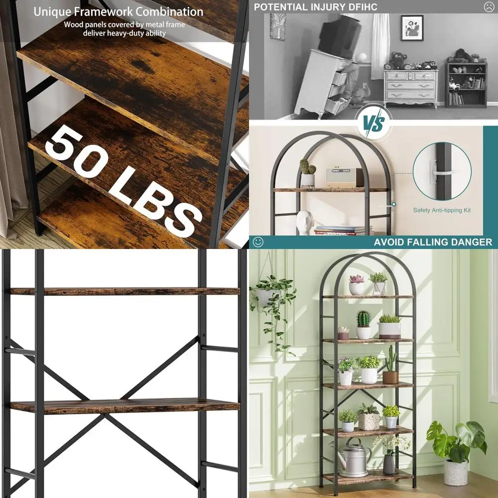 

5-Shelf Arched Bookcase in Rustic Brown for Home Office and Living Spaces, Storage Organizer for CDs and Books