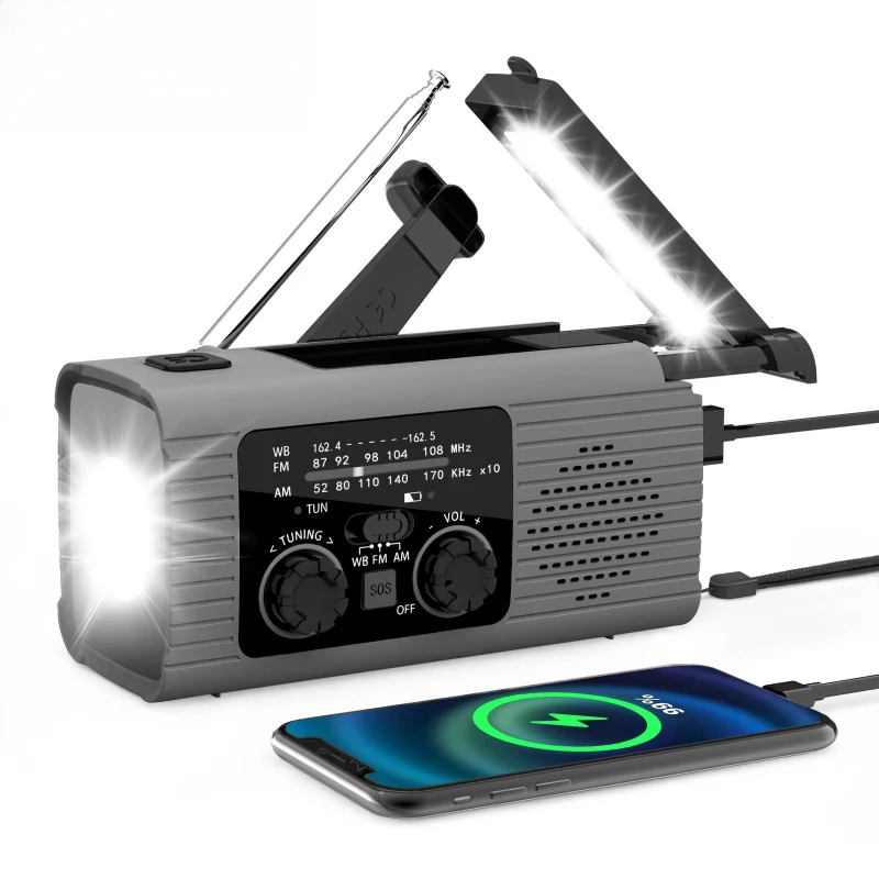 

Trend New Product Portable Flashlight Weather Forecast FM Hand Power Bank Emergency Solar Radio